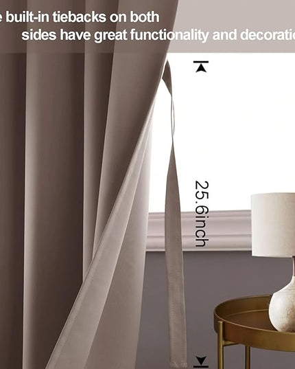 JIUZHEN Tan Blackout Curtains with Tiebacks - Thermal Insulated, Light Blocking and Noise Reducing Grommet Curtains for Bedroom and Living Room, Set of 2 Window Curtain Panels, 42 x 72 Inch Length