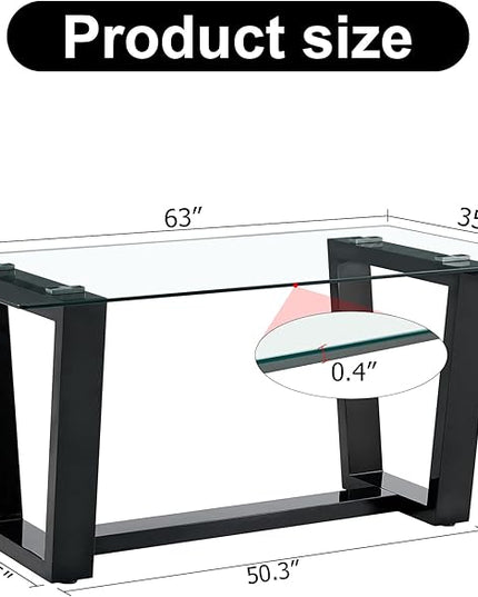 Ebullient Glass Dining Table, Modern Dining Table, 63" Tempered Glass Tabletop with Black MDF Trapezoid Legs, Rectangle Kitchen Table for 4-6 Person, Ideal for Kitchen, Dining Room, Home, Apartment