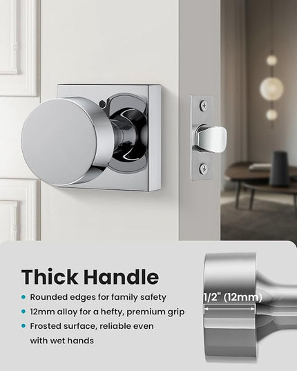 Polished Chrome Door Knobs Interior, Heavy Duty Interior Door Knob, Square Bathroom/Bedroom Door Knob with Lock, Zinc Alloy Indoor DoorKnob (1 Pack)