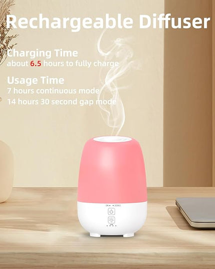 150ML Rechargeable Battery Operated Essential Oil Diffuser,7-Hour Runtime with 7 LED Color Changing Lights Portable Cordless Aromatherapy Diffuser