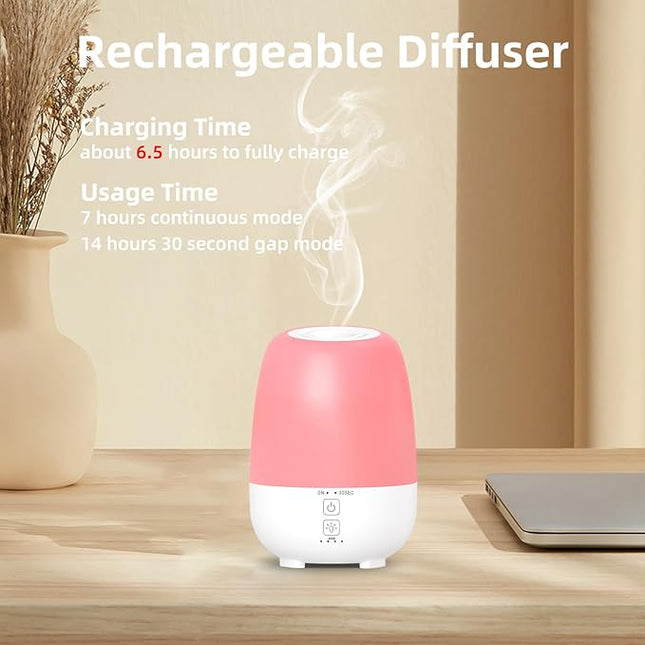 150ML Rechargeable Battery Operated Essential Oil Diffuser,7-Hour Runtime with 7 LED Color Changing Lights Portable Cordless Aromatherapy Diffuser