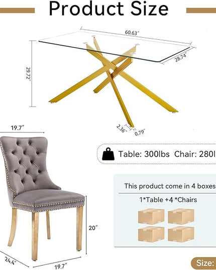 60" Glass Dining Table Set for 4, Modern Dining Room Table Set for 4, Gold X-Shape Glass Kitchen Table with 4pcs Gray Dining Chairs, 5 Piece Dining Set for Dining Living Room