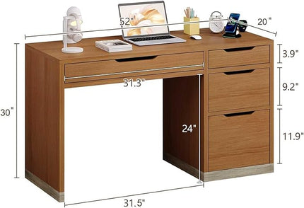 52 Inch Desk with 4 Drawers, Small Computer Desk for Small Space, Home Office Desk with Storage File Cabinet for Bedroom, Brown