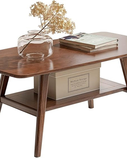100% Solid Oak Wood Coffee Table for Living Room, 2-Tier Living Room Table with Storage Shelf, Mid Century Modern Coffee Tables (Walnut Colour, 39.37" W x19.68 D x 17.32" H)