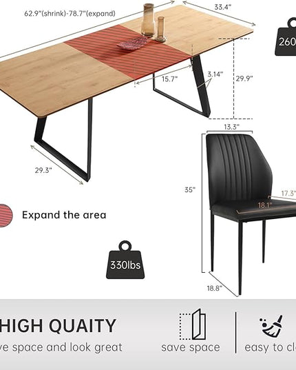 ZckyCine 63"-79" Expandable 6 Person Dining Table Set - Modern Oak Color Table with 6 Black Chairs, Dining Room Dining Table Set for Kitchen and Dining Room