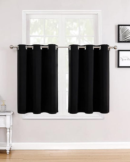 ChrisDowa Small Window Curtains for Kitchen and Bedroom - Grommet Short Thermal Insulated Room Darkening Curtains (2 Panels, Black, 52 x 36 Inch)