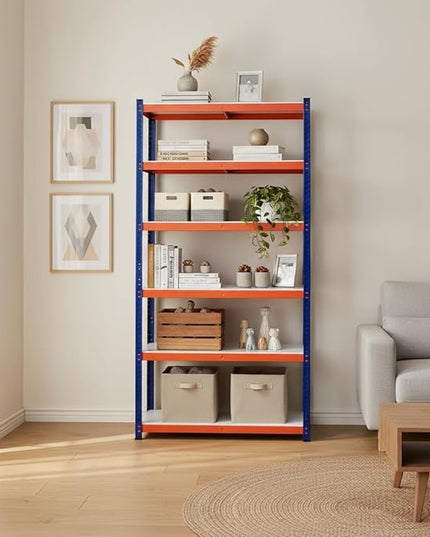 Heavy Duty Storage Shelving Unit, 5-Tier Metal Rack, Blue and Orange Iron Frame, 70.8x35.4x15.7 Inches, Multipurpose Organization for Garage, Kitchen, Office