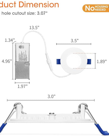 Meconard 4 Pack 3 Inch 5CCT LED Recessed Ceiling Light with Junction Box, 2700K/3000K/3500K/4000K/5000K Selectable Ultra-Thin Lighting, Dimmable 6W=60W, 600LM, IC Rated Can-Killer Downlights, ETL