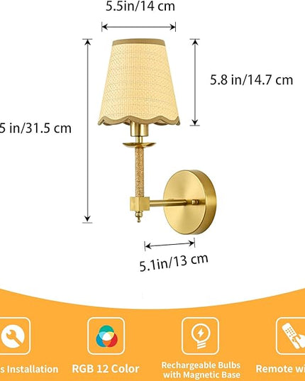 Boho Battery Operated Wall Sconce Set of 2, Medium Wireless Rechargeable Wall Lights with Rattan Shade, 12 RGB and 3CCT Dimmable Cordless Wall Lamps with Remote for Living Room