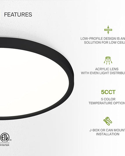 ASD LED 12" Round Flush Mount Ceiling Light Fixture, Low Profile Surface Lighting | 5CCT, Dimmable, Ultra-Thin, ETL Listed | 24W 1900LM 2700-6000K 120V | Kitchen, Bedroom, Hallway Lamp | Black
