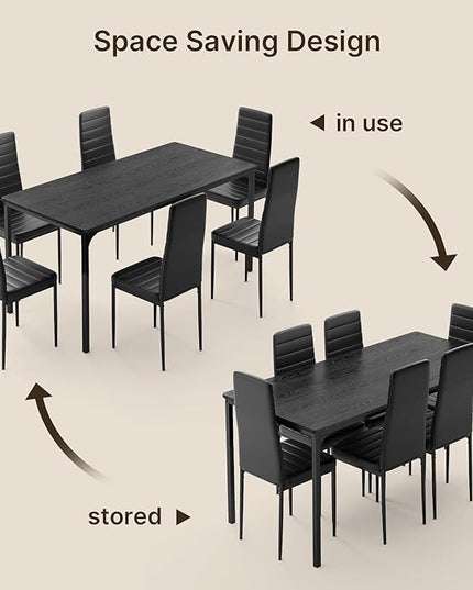 Gizoon Dining Table Set for 6, Kitchen Table Chairs Set of 6, 7 Piece Kitchen Table Set with 6 Upholstered PU Leather Chairs for Dining Room, Living Room, Apartment, Small Space, Black