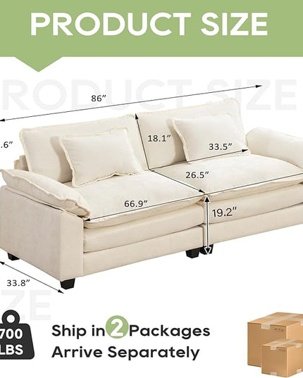 86" Modular Sectional Sofa, Comfy Cloud Couch Sectional Sofa, Chenille Sofa Sleeper Deep Seat Sofa with Throw Pillows for Living Room (Beige White, 86"- Loveseat)