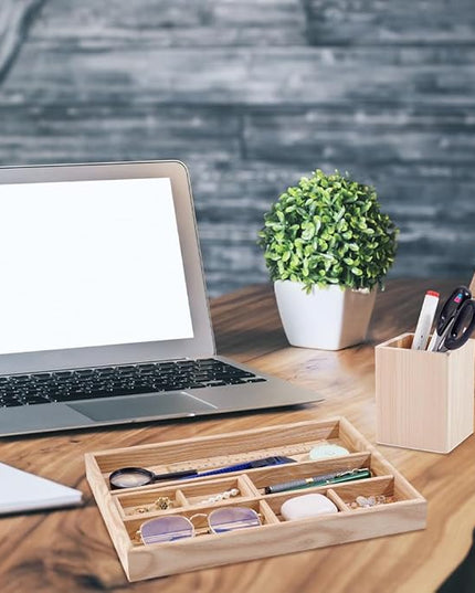 PH PandaHall 2pcs Wooden Desk Organizer Tray with Pen Holder Table Storage Box Drawer Organizer Tray Keys Watch Pencil Divided Trays for Home Office School Workspace Organization Desktop Accessories