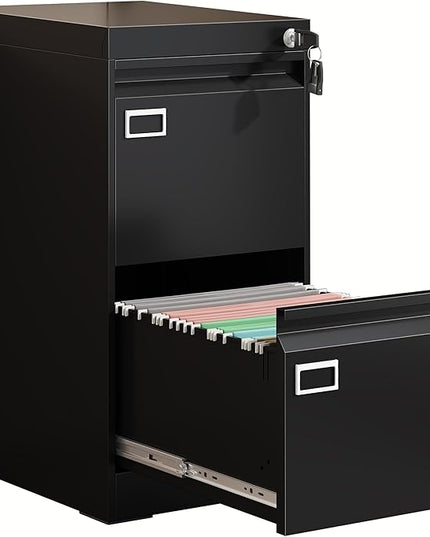 2 Drawer Metal File Cabinet with Lock, Black Locked Filing Cabinets, Vertical Small File Cabinet with Key, Under Desk Filing Cabinets for Home Office