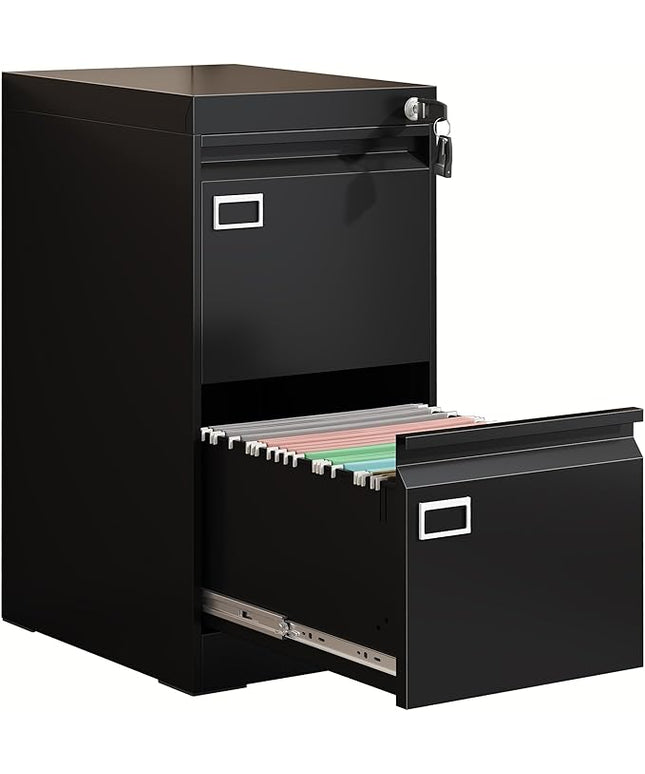 2 Drawer Metal File Cabinet with Lock, Black Locked Filing Cabinets, Vertical Small File Cabinet with Key, Under Desk Filing Cabinets for Home Office