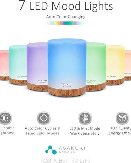 ASAKUKI 300ML Essential Oil Diffuser, Quiet 5-in-1 Premium Humidifier, Home Fragrance Aroma Diffuser with 7 LED Color Changing Light and Auto-Off Switch -Light Brown