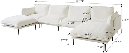 WJShome 147" Modern U-Shaped Couch for Living Room,Velvet Modular Sectional Sofa with Chaise,4-Seater Sofa with 2 Ottomans with Removable Cushions and 8" High Metal Legs, Easy to Clean, Beige