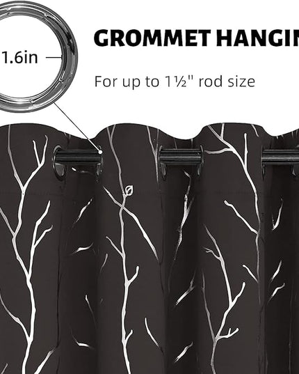 BUHUA Brown Blackout Curtains 63 Inches Length, Thermal Curtain for Bedroom 2 Panels Set, Room Darkening Curtains,Grommet Top Tree Branches Curtains, 52W×63L