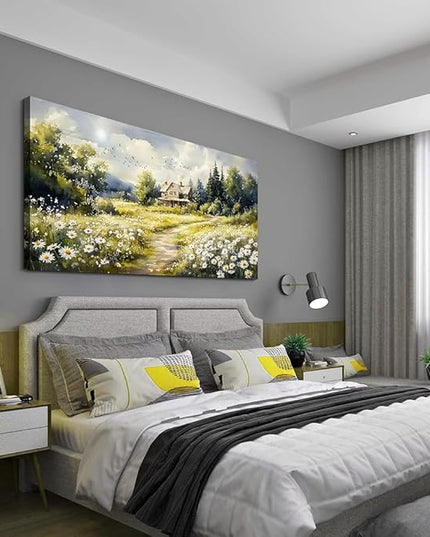 ERQINHUA Large Wall Art For Living Room Canvas Wall Decor For Bedroom Field Scenery Flower Watercolour Painting Office Decorations Stretched And Framed Wall Pictures Artwork Home Decor 30"X60"