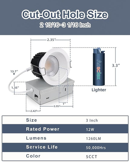 3 Inch 5CCT Anti-Glare LED Recessed Lights with Junction Box, 2700K/3000K/3500K/4000K/5000K Selectable, 12W 1260LM CRI90+, Dimmable Canless Waterproof Downlight, ETL & FCC（White, 1 Pack）