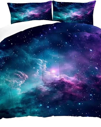 Galaxy Comforter Set Full/Queen Blue Space Bedding for Kids Girls Teen Women Bedroom Decor Moon Cloud Starry Sky Quilt Bed, 1 Comforter 2 Pillowcases