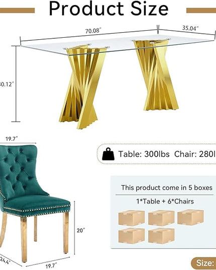 SSLine Modern 70" Glass Dining Table Set for 8, Rectangular, Green, Velvet Upholstered Chairs, 300 lbs Weight Capacity