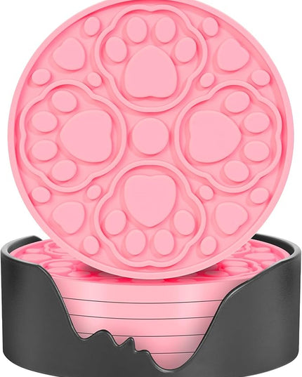 Pink Silicone Coasters Set of 6 with Holder, 4 Inches Coaster for Bar, Drinks, Beer, Coffee - Non Slip Decorative Cup Mat for Tabletop, Desk Decor - Dishwasher Safe