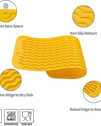 Silicone Dish Drying Mat for Multiple Usage,Easy clean,Eco-friendly,Heat-resistant Silicone Mat for Kitchen Counter,Sink,Bar,Bottle,or Cup Yellow M 17 inches x 6 inches