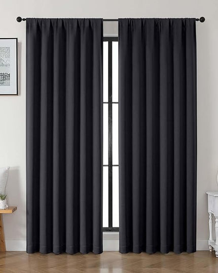 Gwine Black Blackout Curtains for Bedroom 90 inches Long 2 Panels Set, Solid Noise Reducing Thermal Insulated Blackout Curtains for Living Room with Rod Pocket, Each 50" Wx90 L