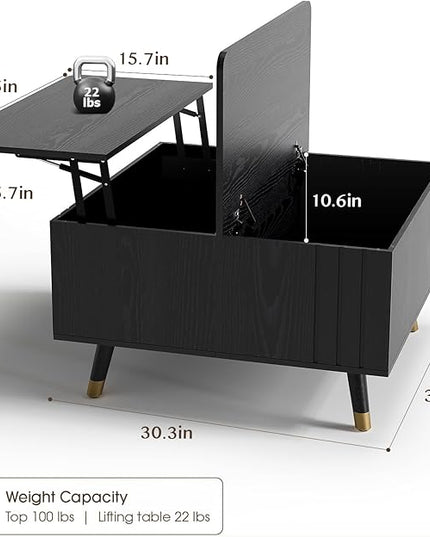 Lift Top Coffee Table with Storage, Mid Century Modern Coffee Table with Solid Wood Legs, 31.5" Square Center Table for Living Room, Home Office, Black