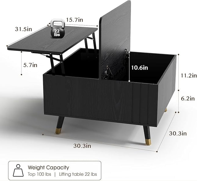 Lift Top Coffee Table with Storage, Mid Century Modern Coffee Table with Solid Wood Legs, 31.5" Square Center Table for Living Room, Home Office, Black