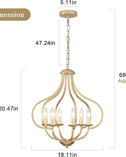 18‘’ Antique Gold Farmhouse Chandelier, 6 Light Dining Room Light Fixtures Modern Industrial Candle Pendant Lights Kitchen Island, Bedroom, Foyer, Living Room, Entryway