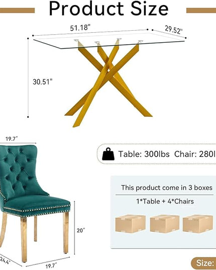 51" Glass Dining Table Set for 4, Modern Dining Room Table Set for 4, Gold X-Shape Pedestal Glass Table with 4pcs Green Dining Chairs, 5 Piece Dining Set for Dining Living Room