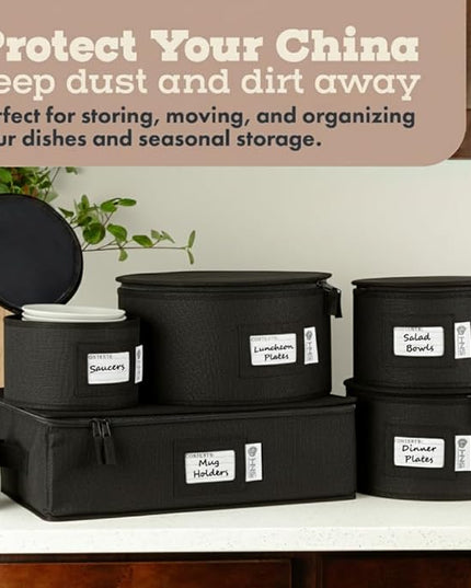 Hard Shell China Storage Containers 5-Piece Set Moving Boxes for Dinnerware, Glasses, Plates, Mugs and Saucers Sturdy Dish Organizer with Dividers for Seasonal Storage - Service for 12 - Black Quilted