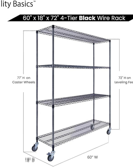 NSF Commercial 4-Tier Wire Shelving with Wheels, 60"x18"x72" Heavy Duty Metal Shelves 3200 lbs Max Capacity, Black Storage Rack for Garage Kitchen Pantry Warehouse