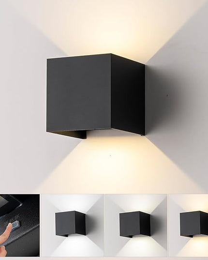 LED Outdoor Wall Sconces Exterior/Interior,Modern Black Square Aluminum Wall Light Fixture Set,Variable Beam IP65 Waterproof Lights.15W 3-Color-Changeable Up and Down Outdoor Lighting Fixtures.