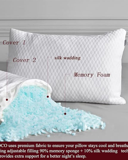 NTCOCO Shredded Memory Foam Bed Pillows for Sleeping Queen Size of 1, with Washable Removable Hypoallergenic Sleep Pillow for Back and Side Sleeper