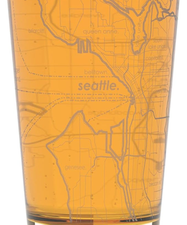 Well Told Engraved Seattle Washington Map Pint Glass, Etched Beer Gift (16 oz, Clear) City Map Pint, Custom City Glassware, Gifts For Beer Lovers