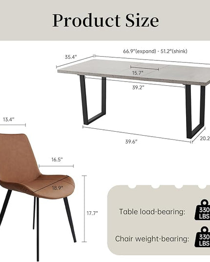 ZckyCine Modern Mid-Century Extendable Dining Table Set for 6-8 People | Expandable 51"-67" Wood Kitchen Table + 6 Upholstered Chairs | Stylish & Space-Saving Dining Room Furniture