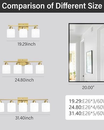 4 Light Gold Light Fixture Bathroom, Brushed Gold Vanity Light with Milky White Frosted Glass Shades, Lights for Bathroom Mirror for Living Room Bedroom Hallway E26 Base