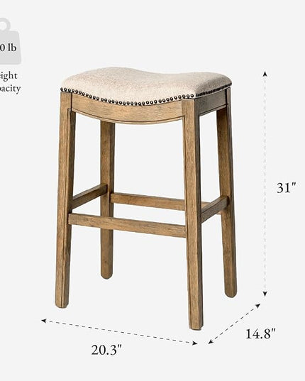 Maven Lane Adrien Backless Bar Stool – Set of 3 – 31 Inch Saddle Seat with Footrest – Natural Solid Wood Frame & Natural Fabric Upholstery – Ideal for Bars, Pub Tables & Tall Kitchen Counters