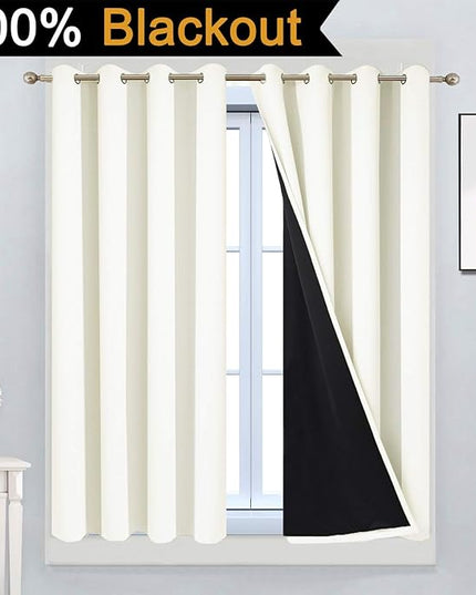 Yakamok 100% Blackout Curtains with Black Liners, Thermal Insulated, Noise Reduction, Soundproof, 2 Panels, 52"W x 63"L, Beige