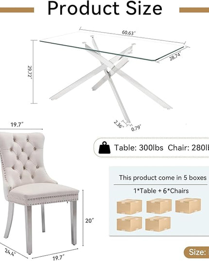60" Glass Dining Table Set for 6, Modern Dining Room Table Set for 6, Silver X-Shape Pedestal Glass Table with 6pcs Beige Dining Chairs, 7 Piece Dining Set for Dining Living Room