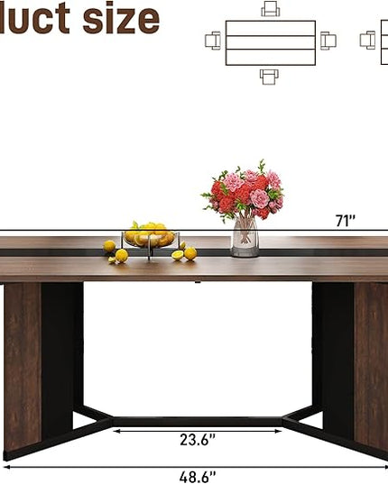 71 inch Dining Table for 4 5 6 | Modern Brown and Black Rectangular Kitchen Table W/Waterproof Wood Tabletop,Farmhouse Long Dining Room Tables W/Adjustable Legs&Wood Strip Base for Kitchen Living Room