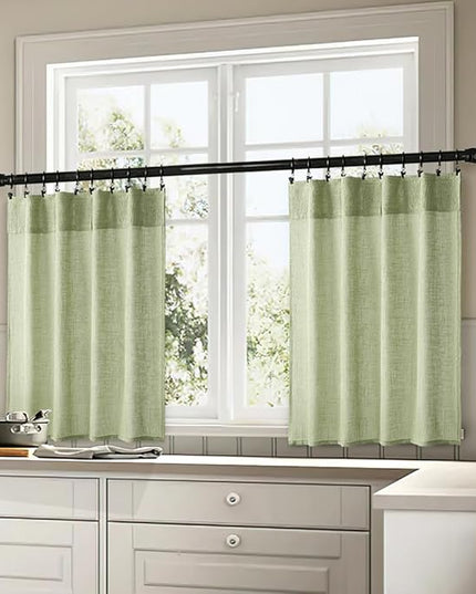 MIULEE Sage Green Kitchen Curtains 30 Inch Length 2 Panels, Soft Thick Linen Textured Semi Sheer Light Filtering Short Cafe Tier Curtains for Small Half Window Bathroom Laundry Back Tab Rod Pocket