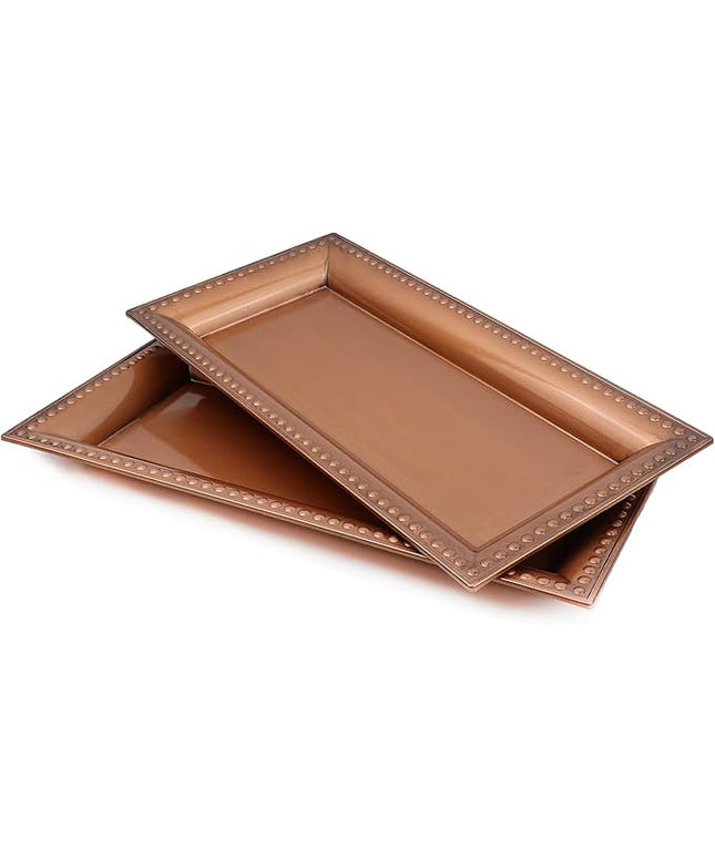 2 Pack Bronze Bathroom Vanity Tray for Countertop with Beads, Small Plastic Toilet Tank Versatile Storage Organization Tray for Makeup, Perfume, Desk, Kitchen, Candles, 14"x7"x1", 36GT