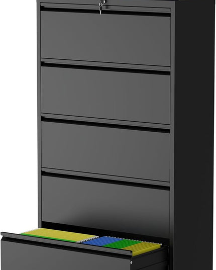 5 Drawer Lateral File Cabinet with Lock, Metal File Cabinet, Lateral File Cabinets for Home Office, Heavy Duty File Storage Cabinet for Legal/Letter/A4 Document, Assembly Required, Black