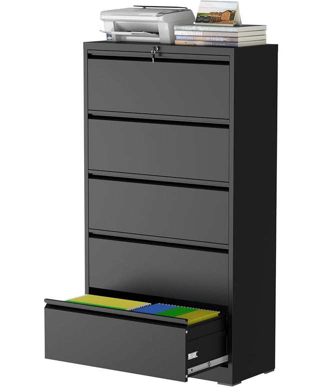 5 Drawer Lateral File Cabinet with Lock, Metal File Cabinet, Lateral File Cabinets for Home Office, Heavy Duty File Storage Cabinet for Legal/Letter/A4 Document, Assembly Required, Black
