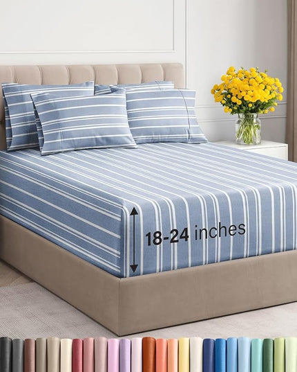Extra Deep Cal King Sheet Set - 6 Piece Breathable & Cooling Sheets - Hotel Luxury Bed Sheets Set - Easy Fit - Soft, Wrinkle Free & Comfy Sheets Set - Blue Striped Sheet Set with Extra Deep Pockets