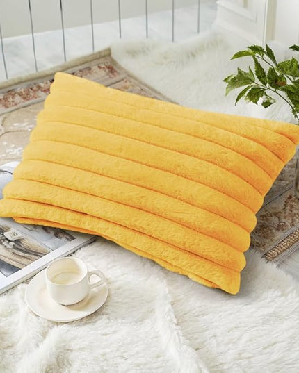 decorUhome Faux Fur Spring Throw Pillow Covers 12x20 Set of 2, Decorative Soft Plush Striped Neutral Couch Euro Pillow Covers with Velvet Back for Sofa, Bed, Living Room Home Decor, Mustard Yellow